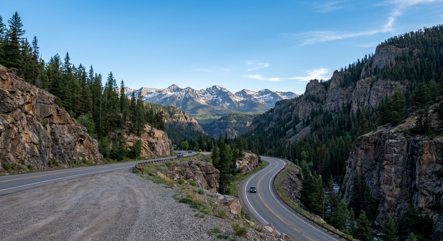 A real photograph from a roadside overlook on US 550 near Ouray showing a winding mountain highway, steep cliffs, and layered San Juan peaks under blue sky