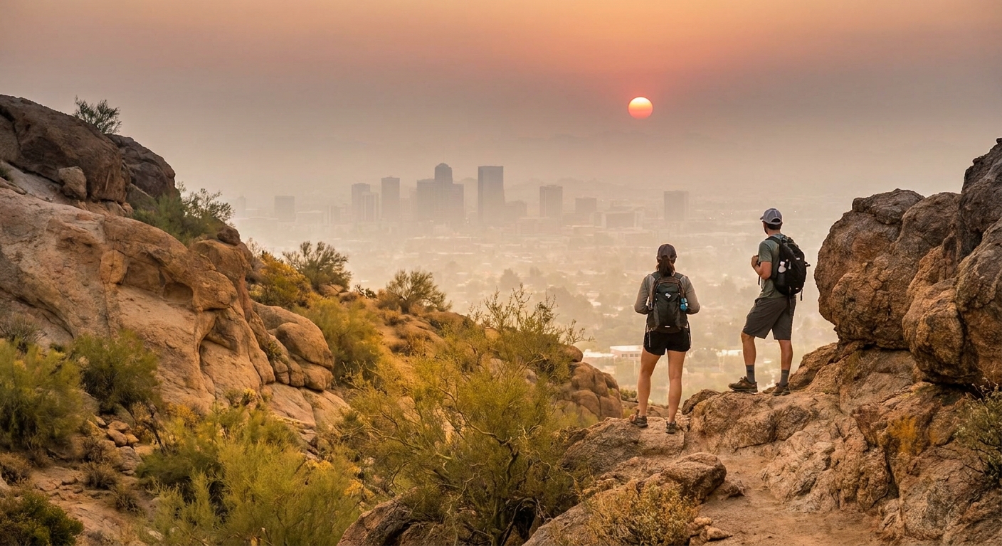 A real photograph of hikers on a rocky trail at sunrise on Camelback Mountain in Phoenix, with the city skyline hazy in the distance