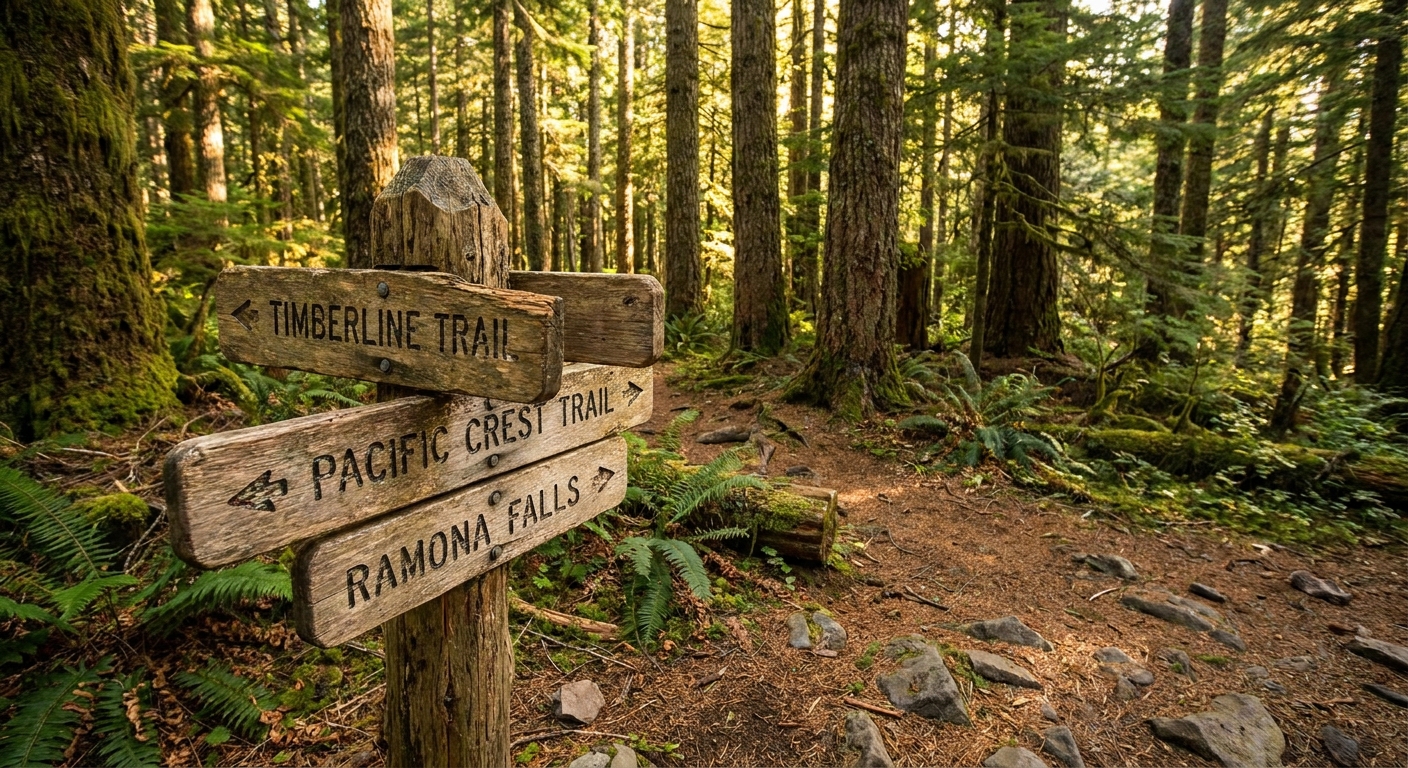 A real photograph of a wooden trail junction signpost in Mount Hood National Forest with tall fir trees and filtered sunlight in the background