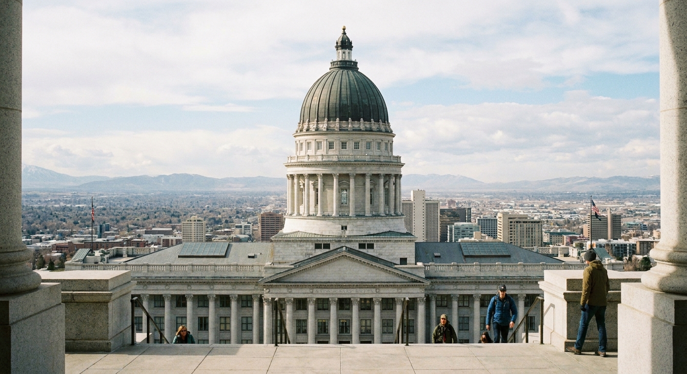 A real photograph of the Utah State Capitol in Salt Lake City taken from the front steps, with the dome centered and the city stretching out behind
