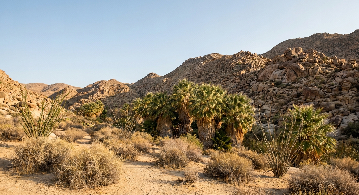 A real photograph of native fan palms at Cottonwood Spring in Joshua Tree National Park with desert shrubs and rocky hills in the background