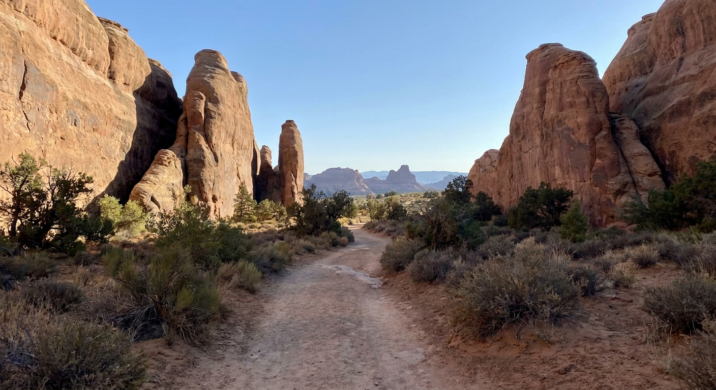 A real photograph of the Devils Garden trail in Arches National Park winding along narrow sandstone fins with desert vegetation and distant rock formations