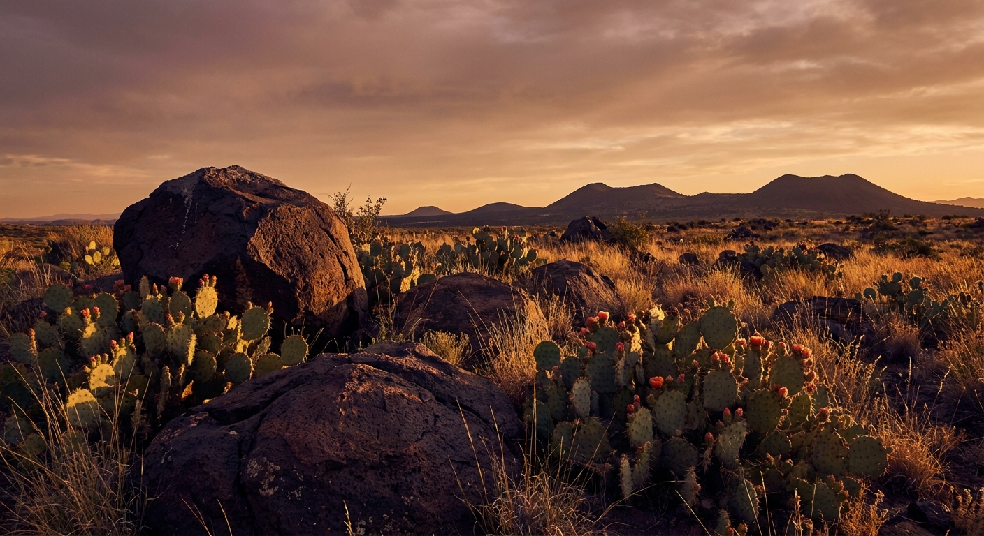 Dark basalt boulders scattered among prickly pear and desert grasses on the West Mesa with soft evening light