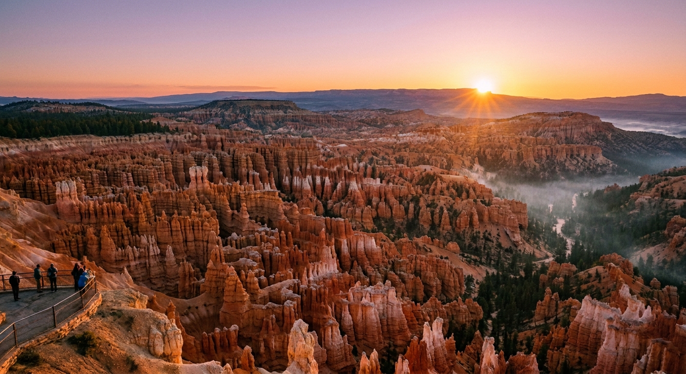Dawn at Inspiration Point in Bryce Canyon with a broad overlook of the amphitheater and layered hoodoos below