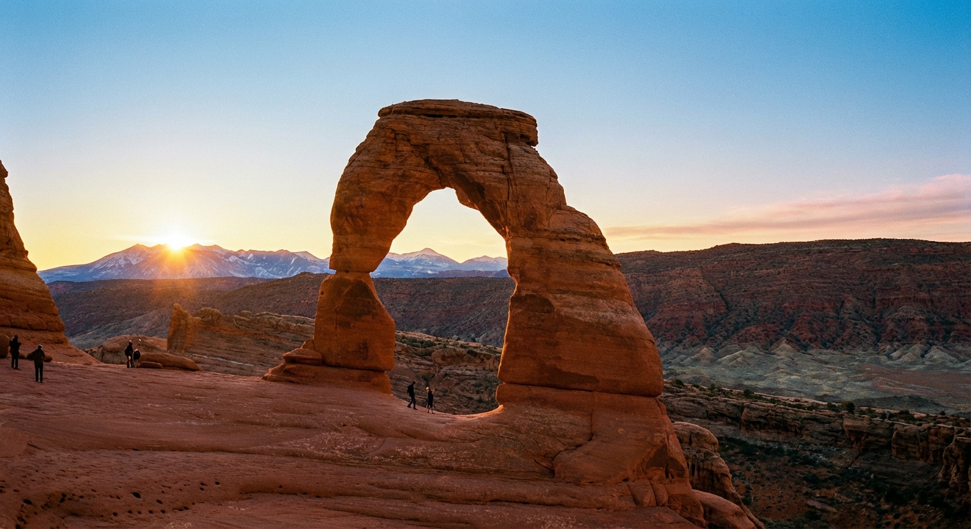 Delicate Arch at sunrise in Arches National Park, with warm light on the sandstone and a clear sky
