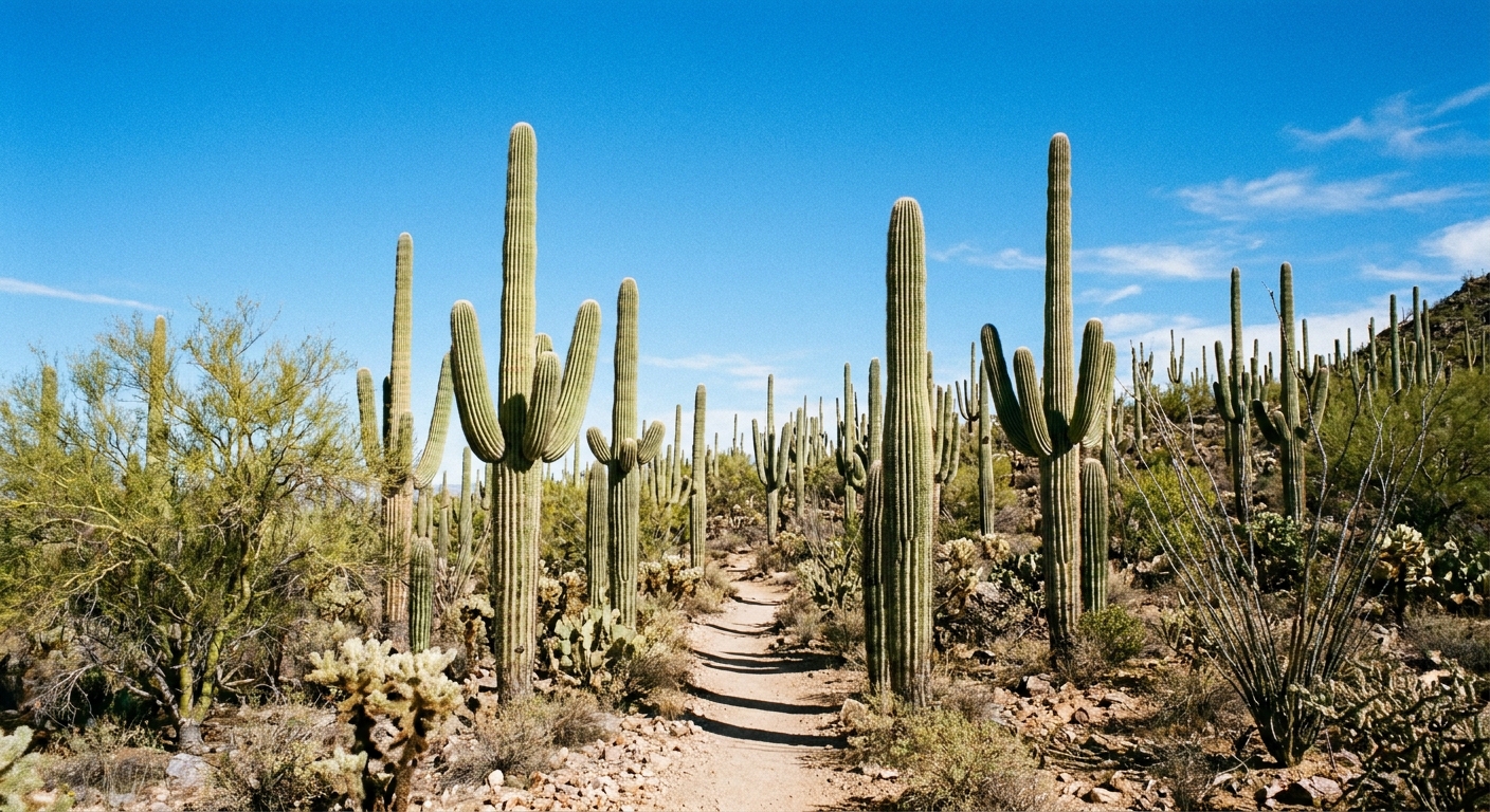 Dense saguaro cactus forest in the Tucson Mountain District with a narrow dirt trail under a bright blue sky