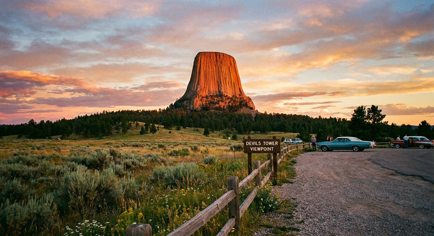 Devils Tower seen from a roadside viewpoint pullout at sunset with warm light hitting the rock face and open prairie in the foreground, realistic landscape photography