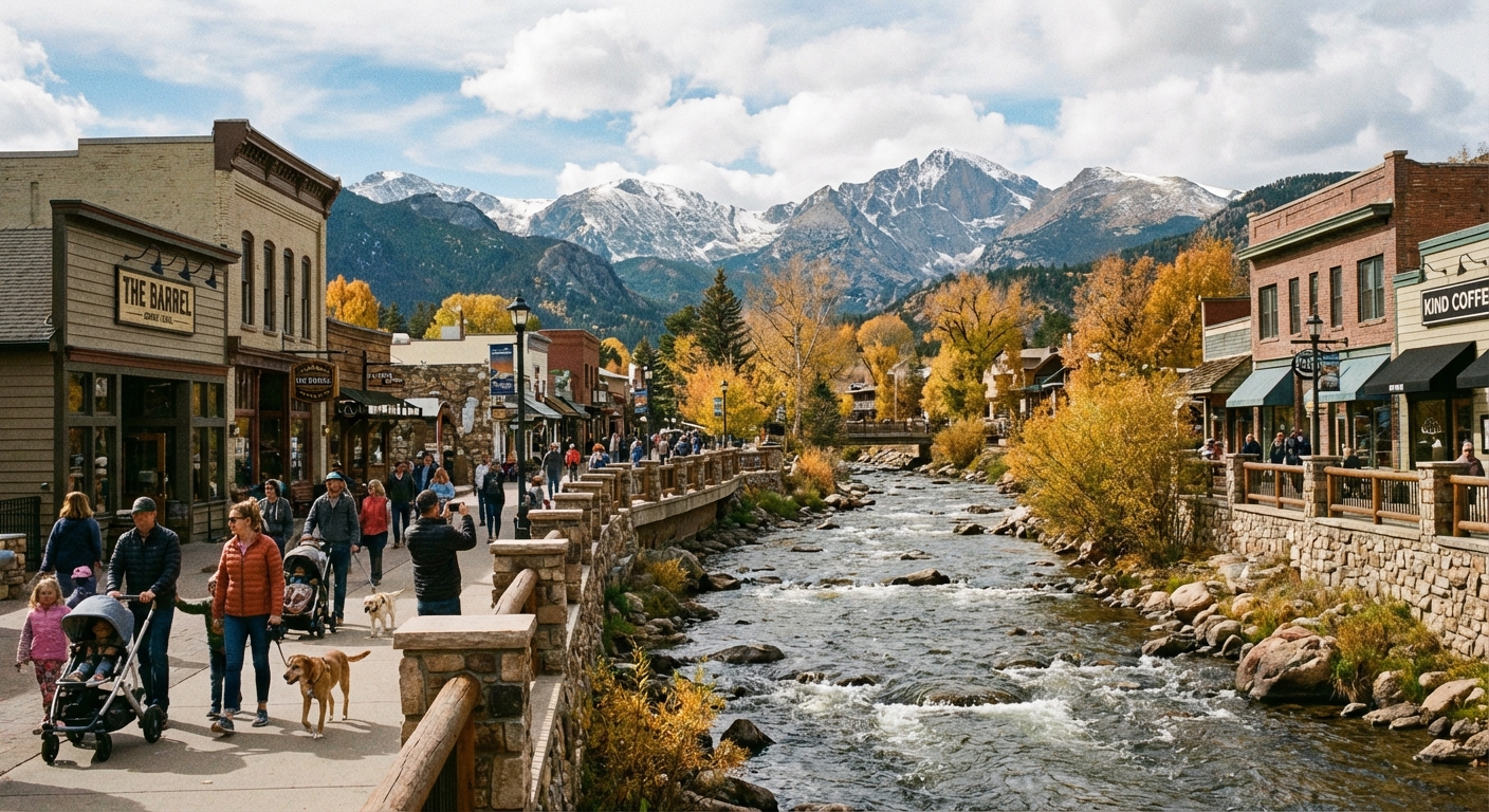 Downtown Estes Park with a river running through town, families on a riverside walkway, and snow-dusted mountain peaks in the distance, photorealistic travel photography