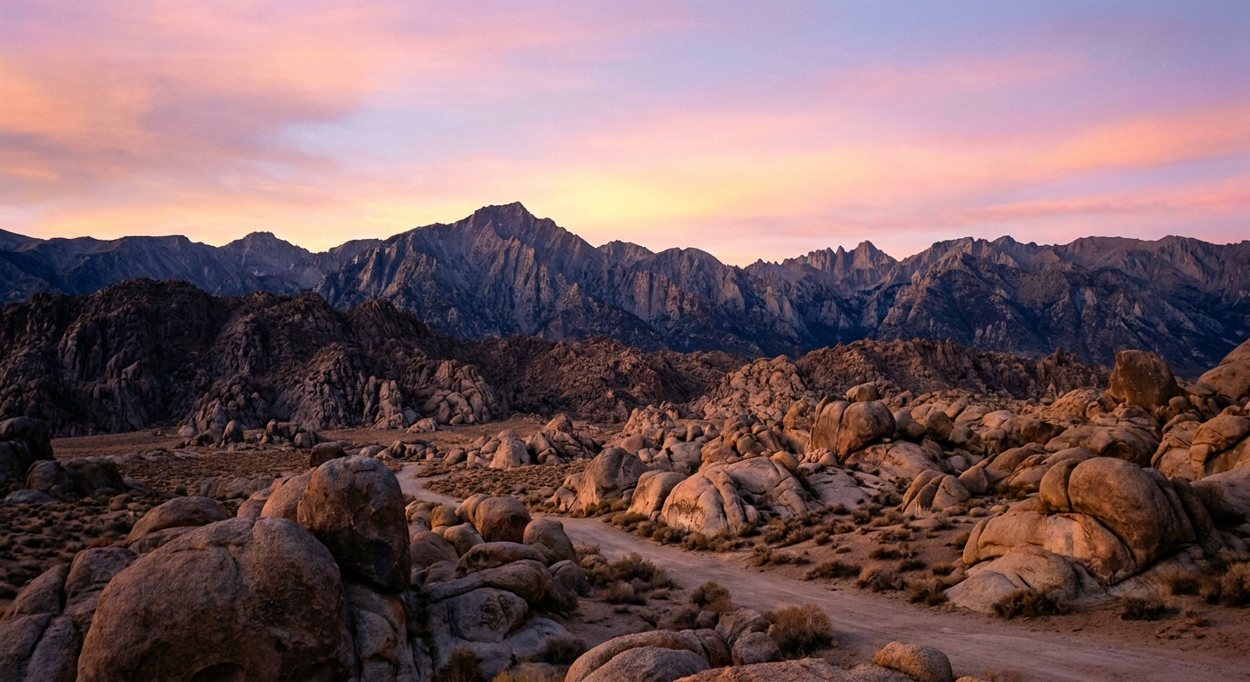 Early dawn light in Alabama Hills with rounded boulders in the foreground and the Sierra Nevada ridge line silhouetted against a pastel sky, real photograph