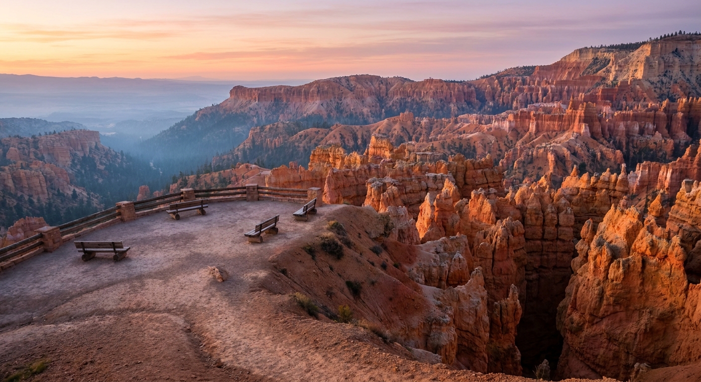 Early morning at Fairyland Point in Bryce Canyon with a quieter rim overlook and hoodoos catching first light
