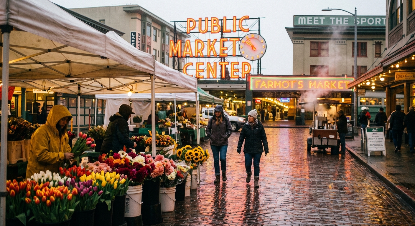 Early morning at Pike Place Market in Seattle with fresh flower stalls and the market sign in the background, candid travel photography style