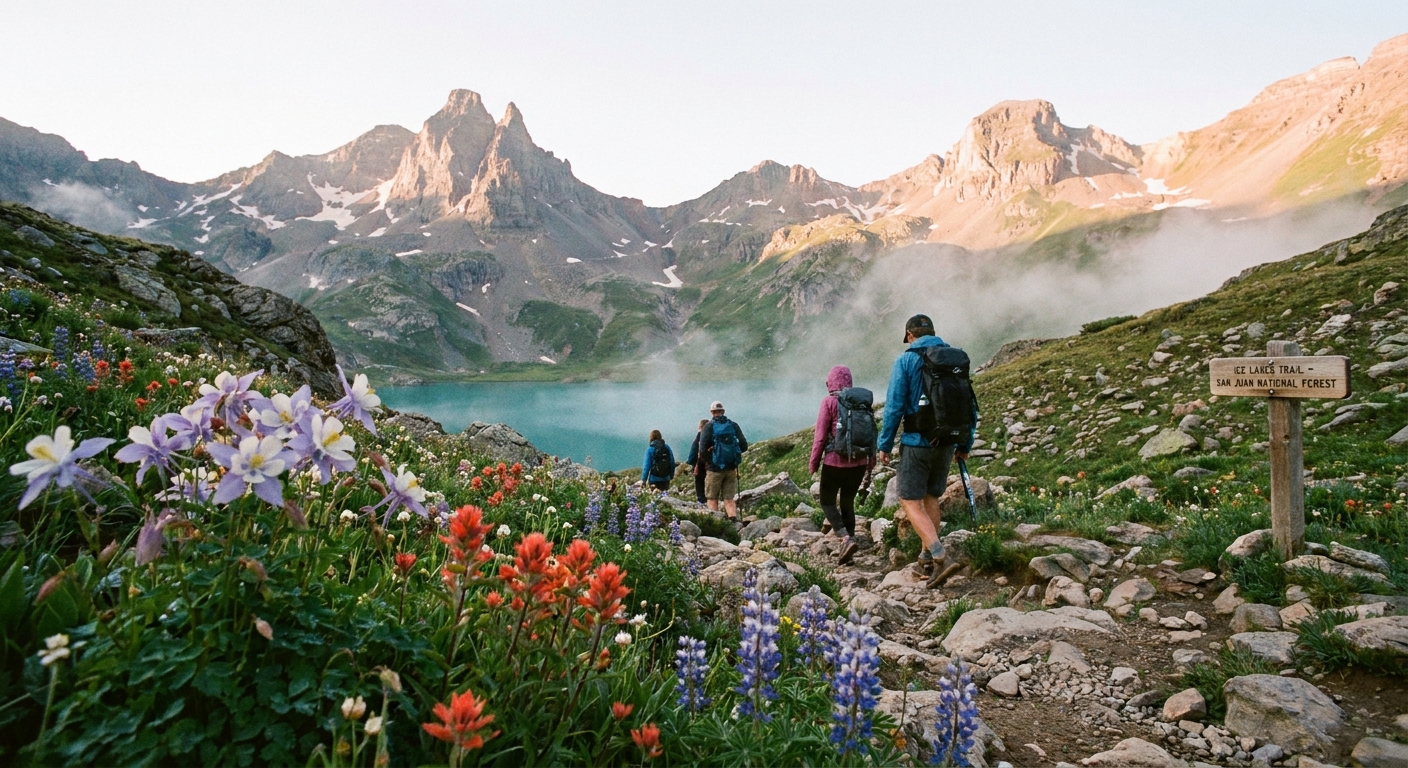 Early morning hikers walking up a rocky alpine trail toward turquoise Ice Lakes Basin above Silverton, Colorado, with wildflowers in the foreground and jagged peaks under soft sunrise light