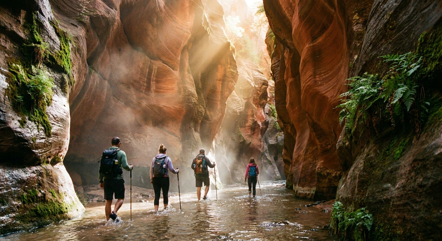 Early morning light filtering into the narrow Kanarraville Falls slot canyon in Utah, with a few hikers walking through shallow water