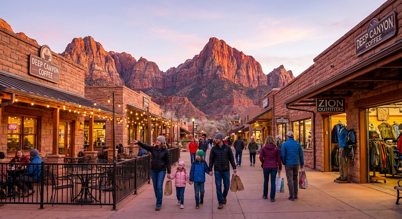 Evening street scene in Springdale, Utah with families walking past cafes and outdoor shops, red cliffs glowing in sunset light, photorealistic travel photography