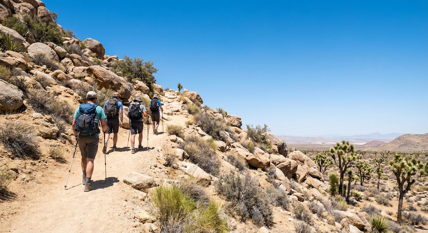 Hikers ascending the Ryan Mountain trail in Joshua Tree National Park with desert shrubs and boulder-strewn slopes below, bright clear sky, crisp midday visibility, photorealistic travel photography
