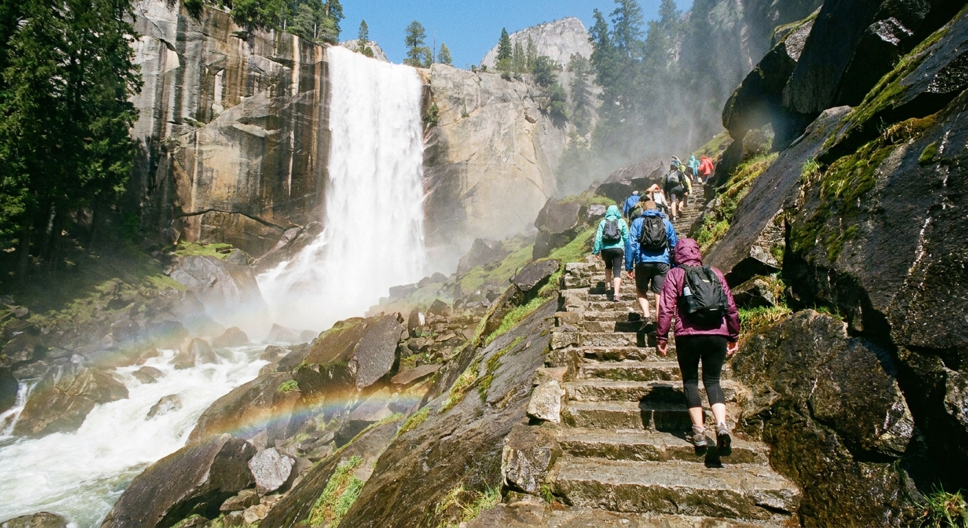 Hikers climbing the granite steps on the Mist Trail beside the Merced River with Vernal Fall spraying mist in Yosemite Valley, a real photograph in bright daylight