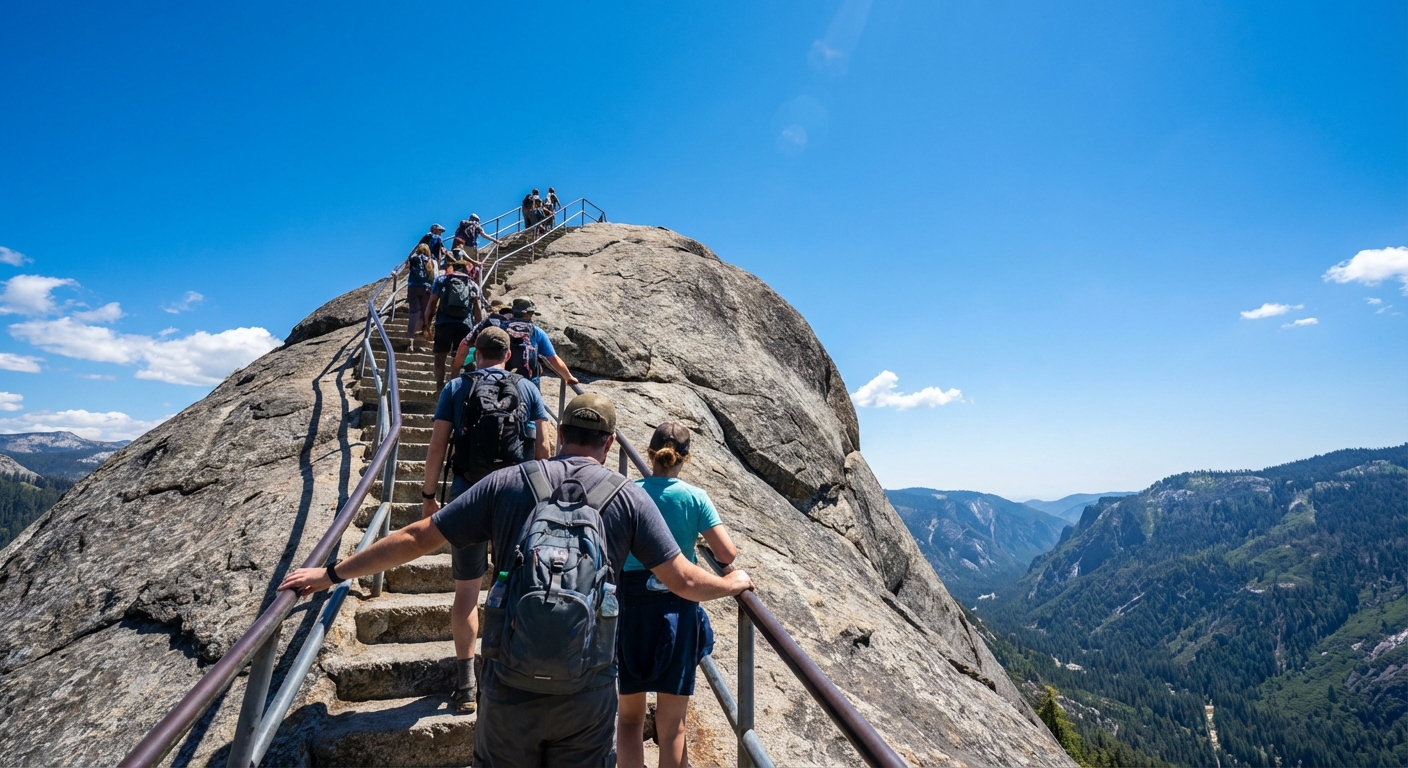 Hikers climbing the narrow stone stairway and railings near the top of Moro Rock in Sequoia National Park with bright blue sky, realistic travel photograph