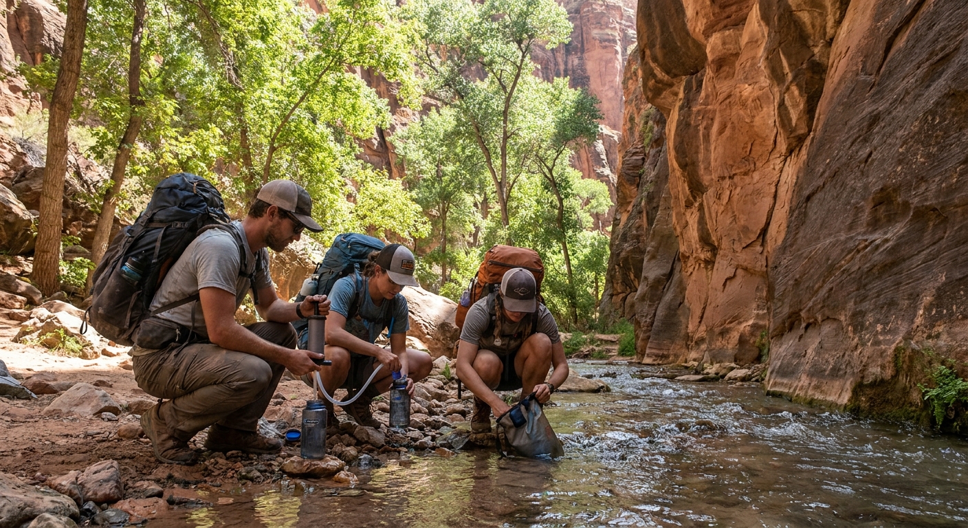 Hikers filtering and refilling water beside Bright Angel Creek in a shaded section of the canyon with cottonwoods and rock walls