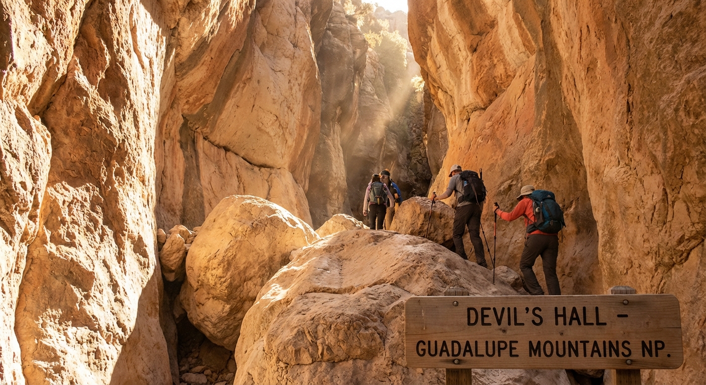 Hikers navigating boulders inside the narrow limestone corridor of Devil's Hall in Guadalupe Mountains National Park, with warm desert light filtering into the canyon