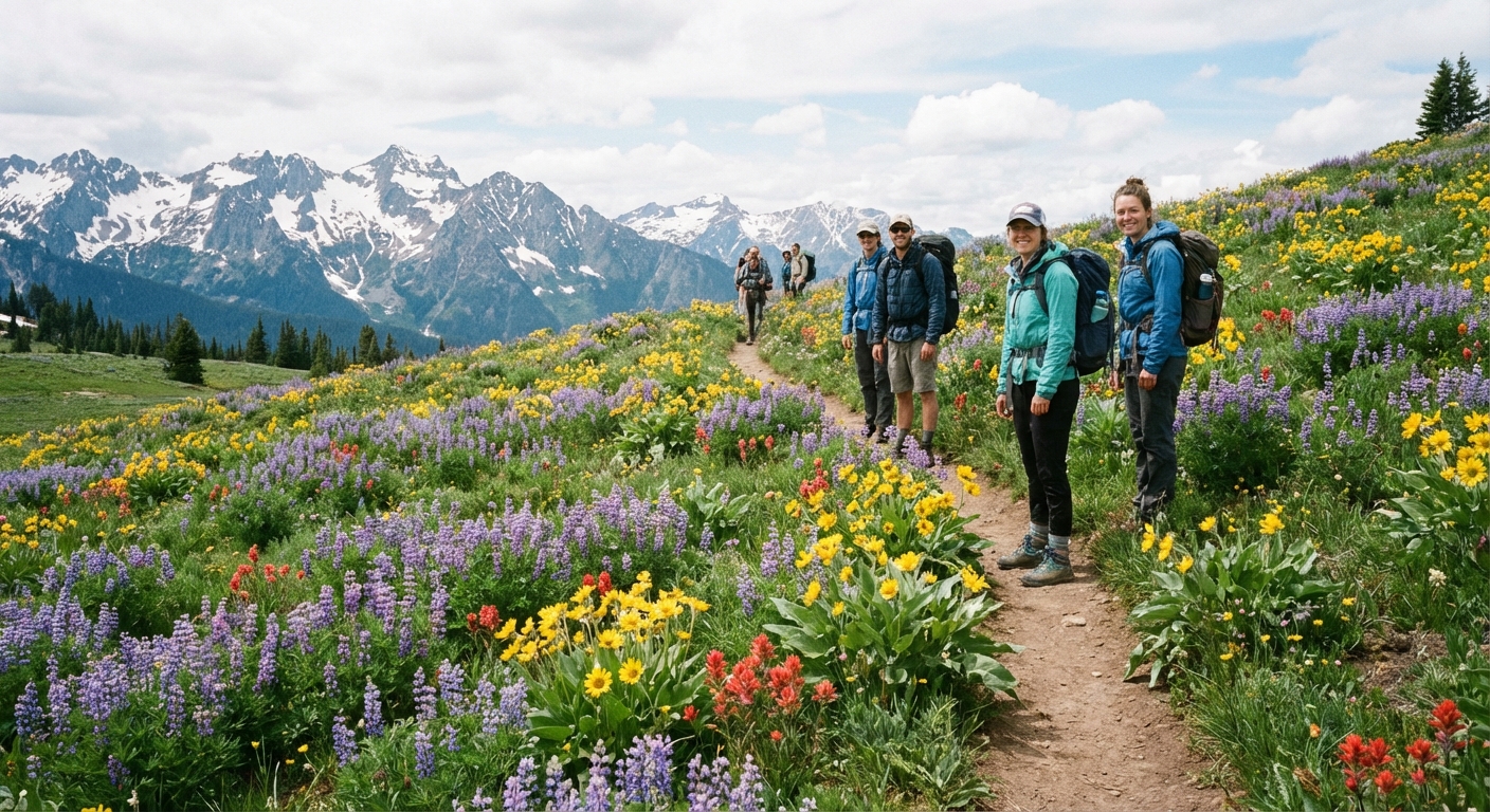 Hikers on a dirt trail surrounded by spring wildflowers with snow-capped peaks in the background, bright but cool daylight, natural colors