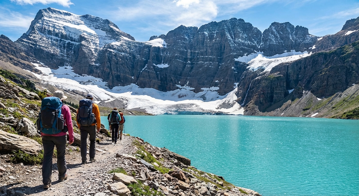 Hikers on a rocky trail approaching Grinnell Glacier with turquoise glacial water in the foreground and a rugged ice-covered mountain bowl in the background under bright daylight, photorealistic