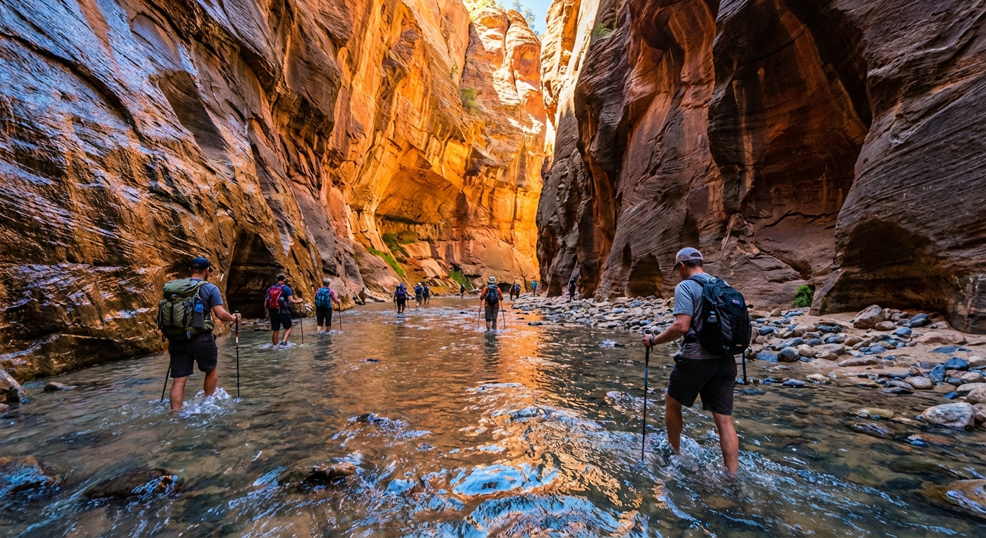 Hikers wading through the Virgin River in The Narrows in Zion National Park with towering canyon walls and reflected light on shallow water