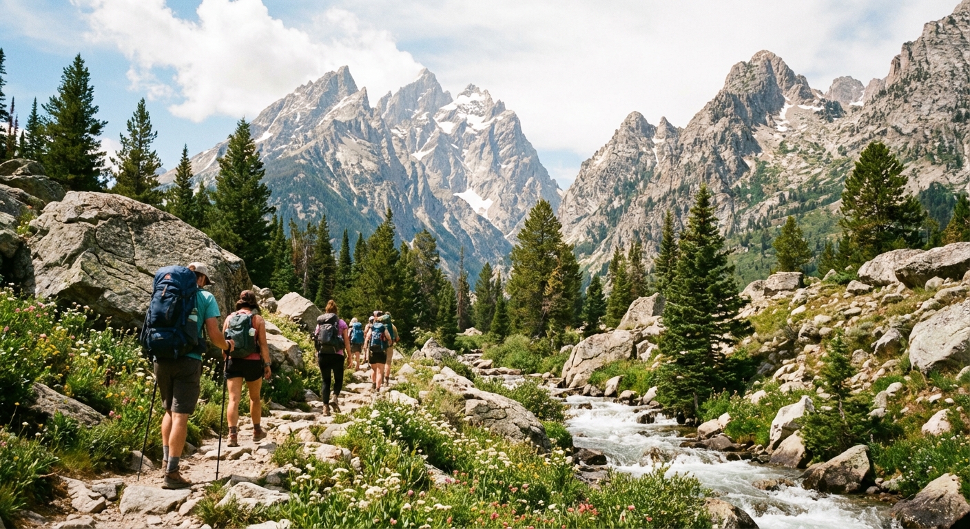 Hikers walking along a rocky trail in Cascade Canyon with the jagged Grand Teton peaks towering above under a bright summer sky, natural photo style