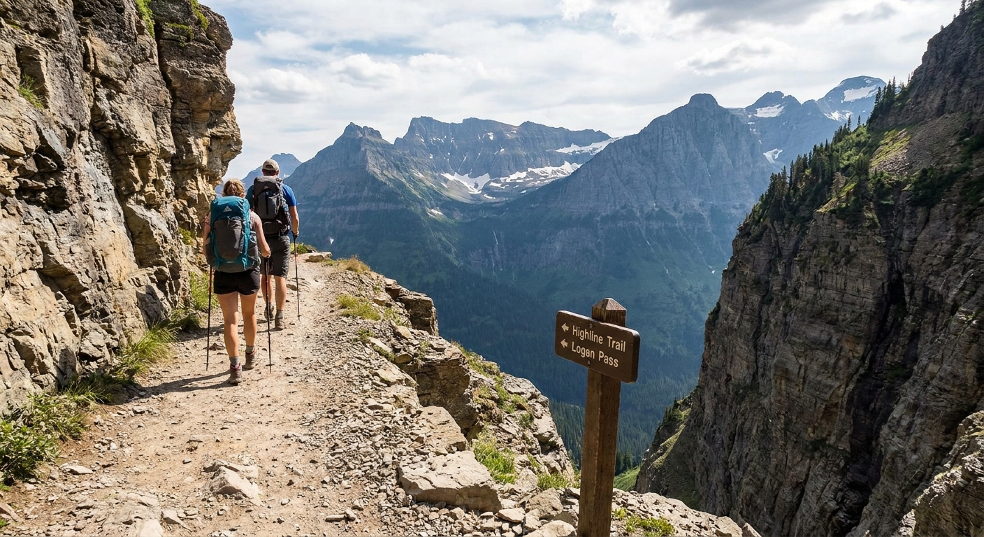 Hikers walking along the Highline Trail near Logan Pass with a steep drop-off and rugged mountain peaks in the background, realistic travel photography