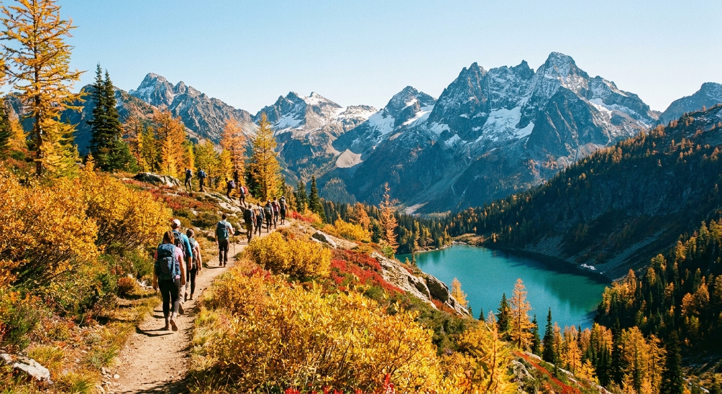 Hikers walking along the Maple Pass Loop ridgeline above Lake Ann with golden autumn shrubs and jagged North Cascades peaks under a clear blue sky