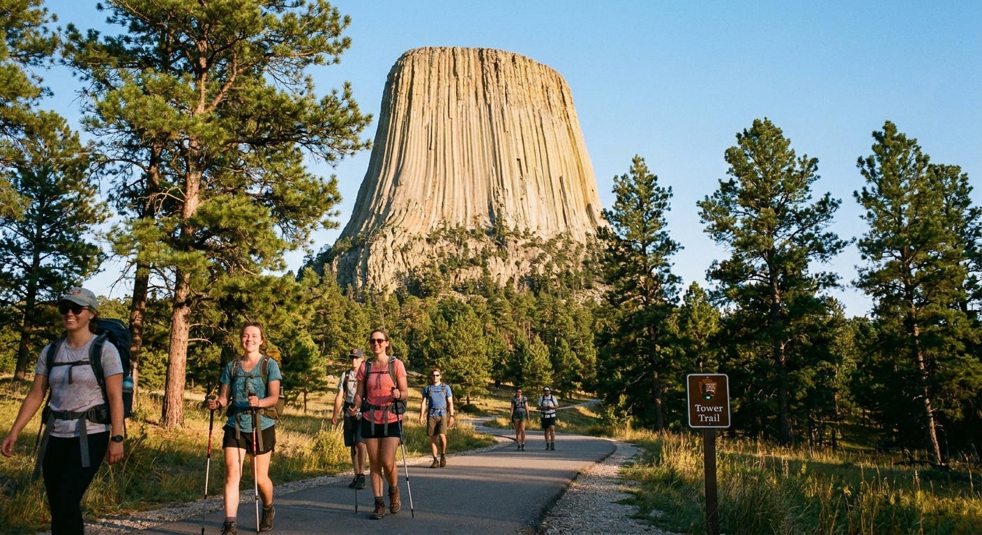 Hikers walking along the paved Tower Trail with Devils Tower towering overhead and pine trees framing the path, clear afternoon light
