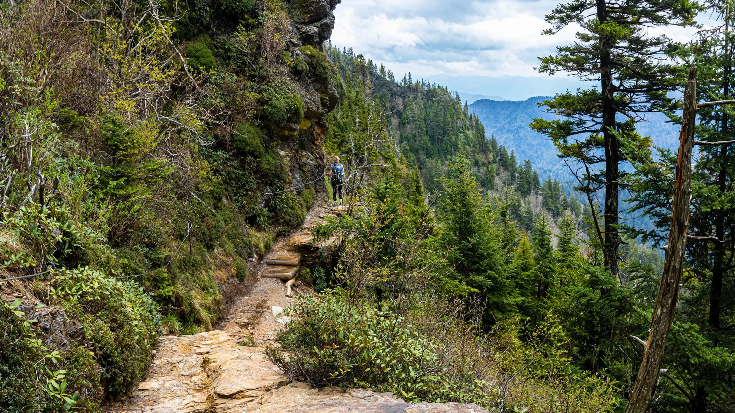 Hikers walking beneath the Alum Cave Bluff rock overhang on a clear day in Great Smoky Mountains National Park