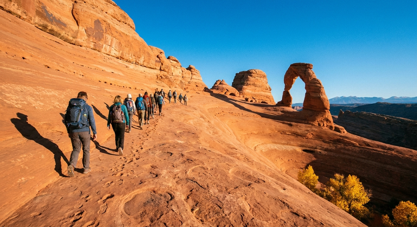 Hikers walking up slickrock toward Delicate Arch on a clear autumn morning, with red sandstone and a blue sky