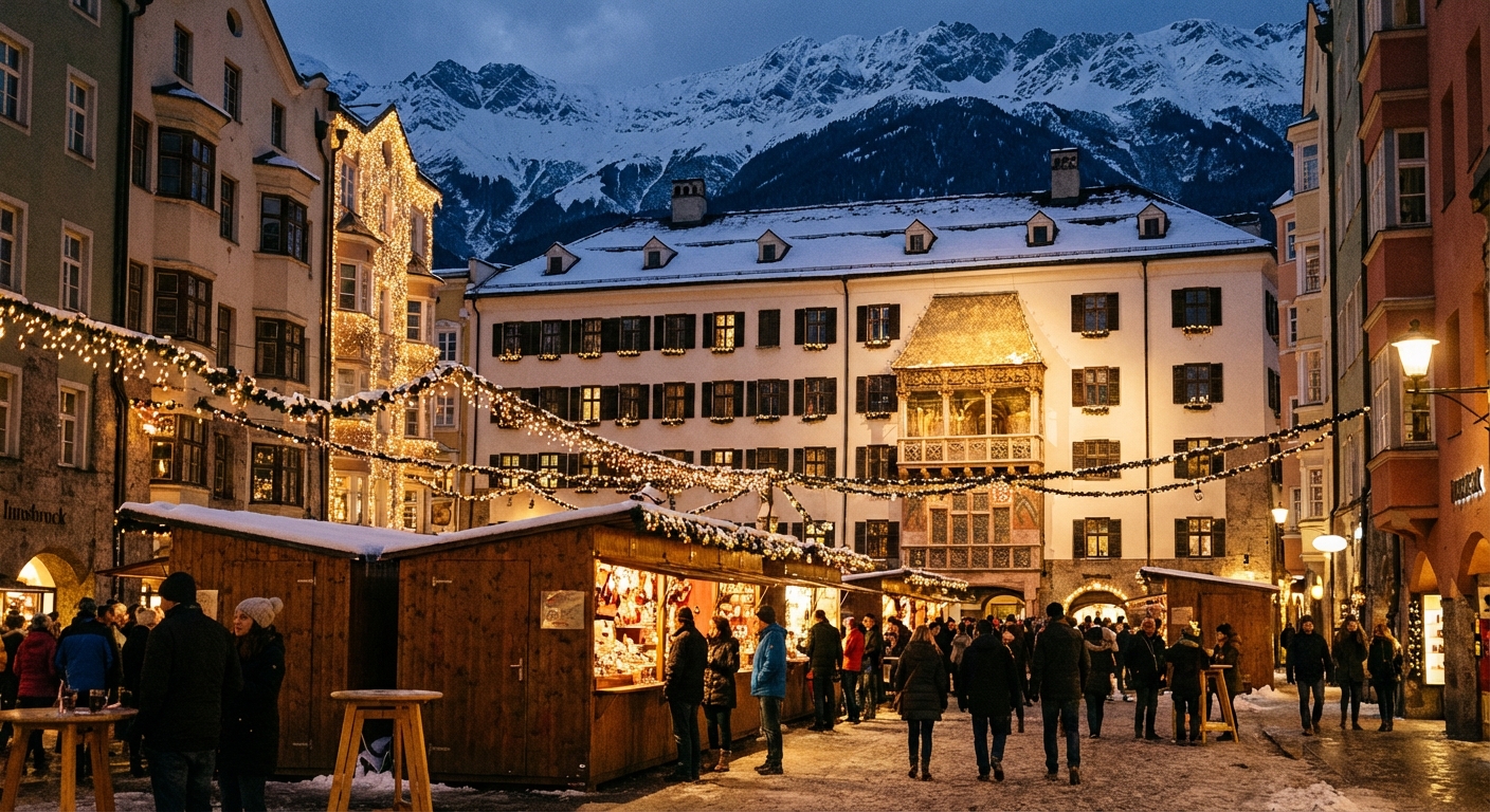 Innsbruck’s Old Town Christmas market at night with the Golden Roof building visible, festive lights strung above wooden stalls, and the dark outline of snowy mountains in the distance, photorealistic travel photography