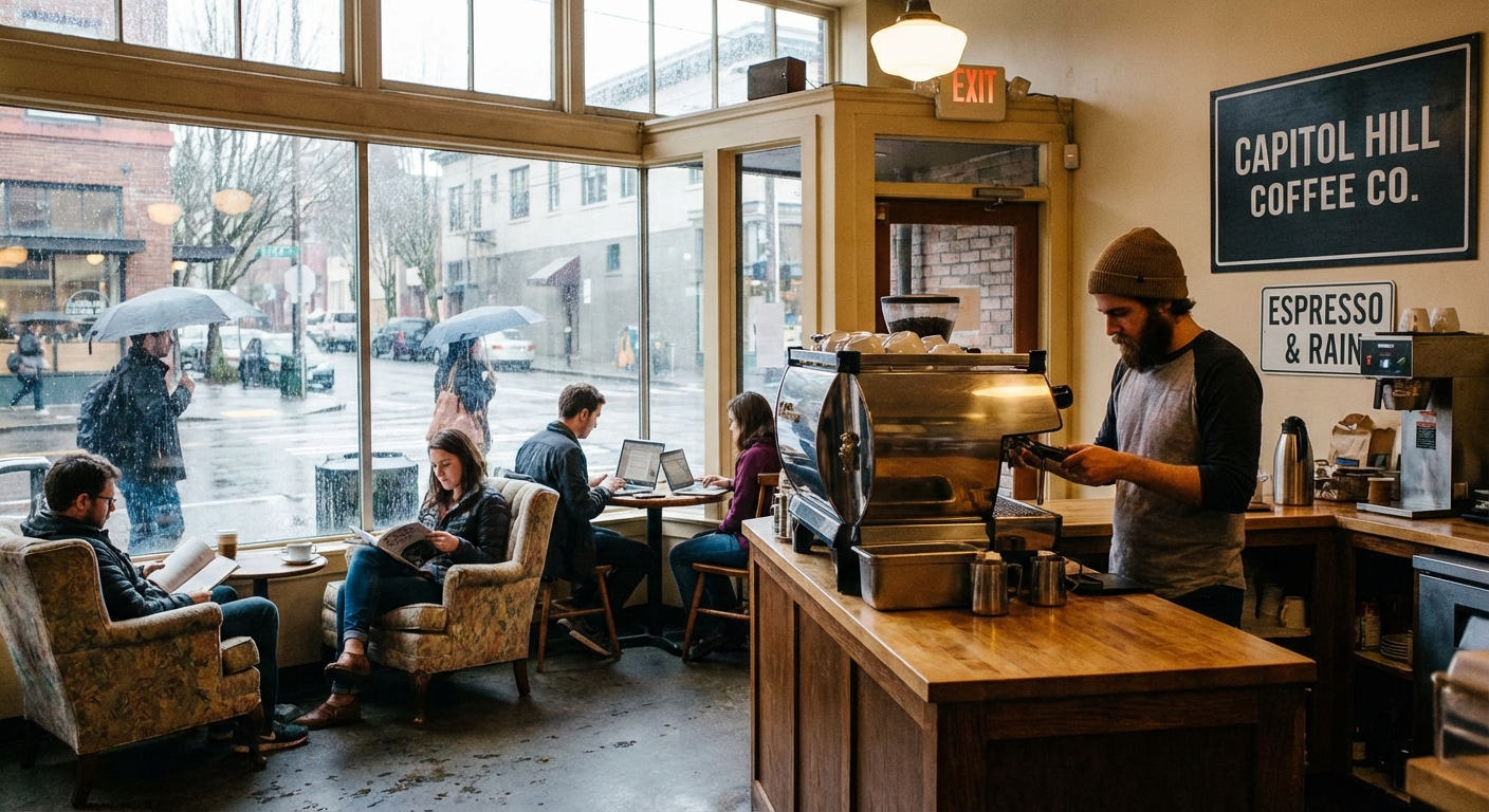 Inside a cozy independent coffee shop on Capitol Hill in Seattle with a barista making espresso and rainy light at the window, candid travel photo