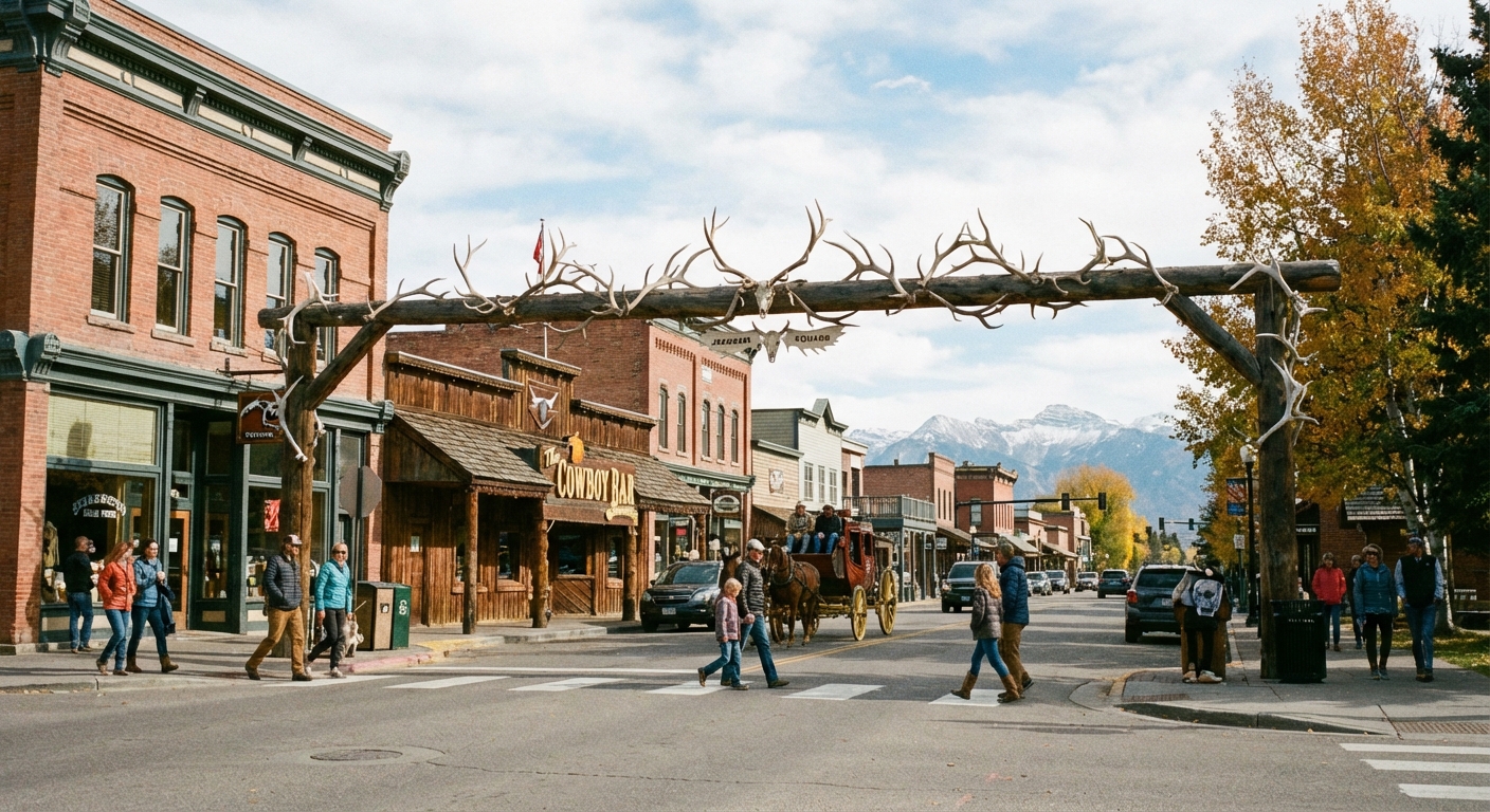 Jackson, Wyoming town square with the famous elk antler arches, families crossing the street, and the Tetons faintly visible in the distance, photorealistic travel photography