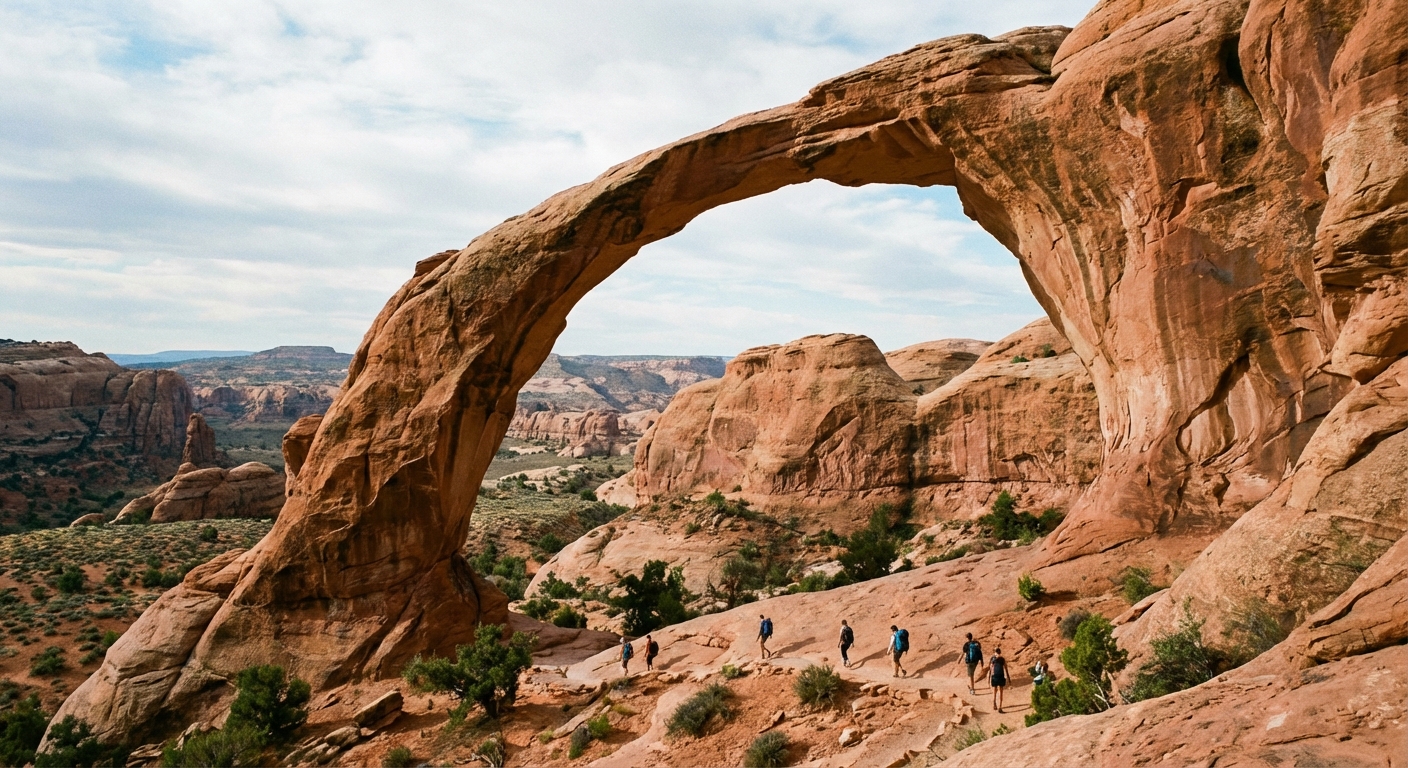Landscape Arch stretching across a wide opening, with hikers on the trail below for scale