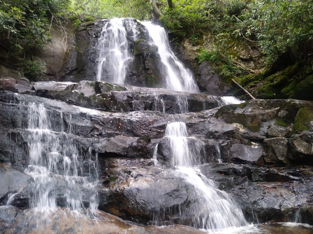 Laurel Falls waterfall dropping into a rocky pool with visitors standing on a viewing bridge, green forest surrounding the falls, real photograph
