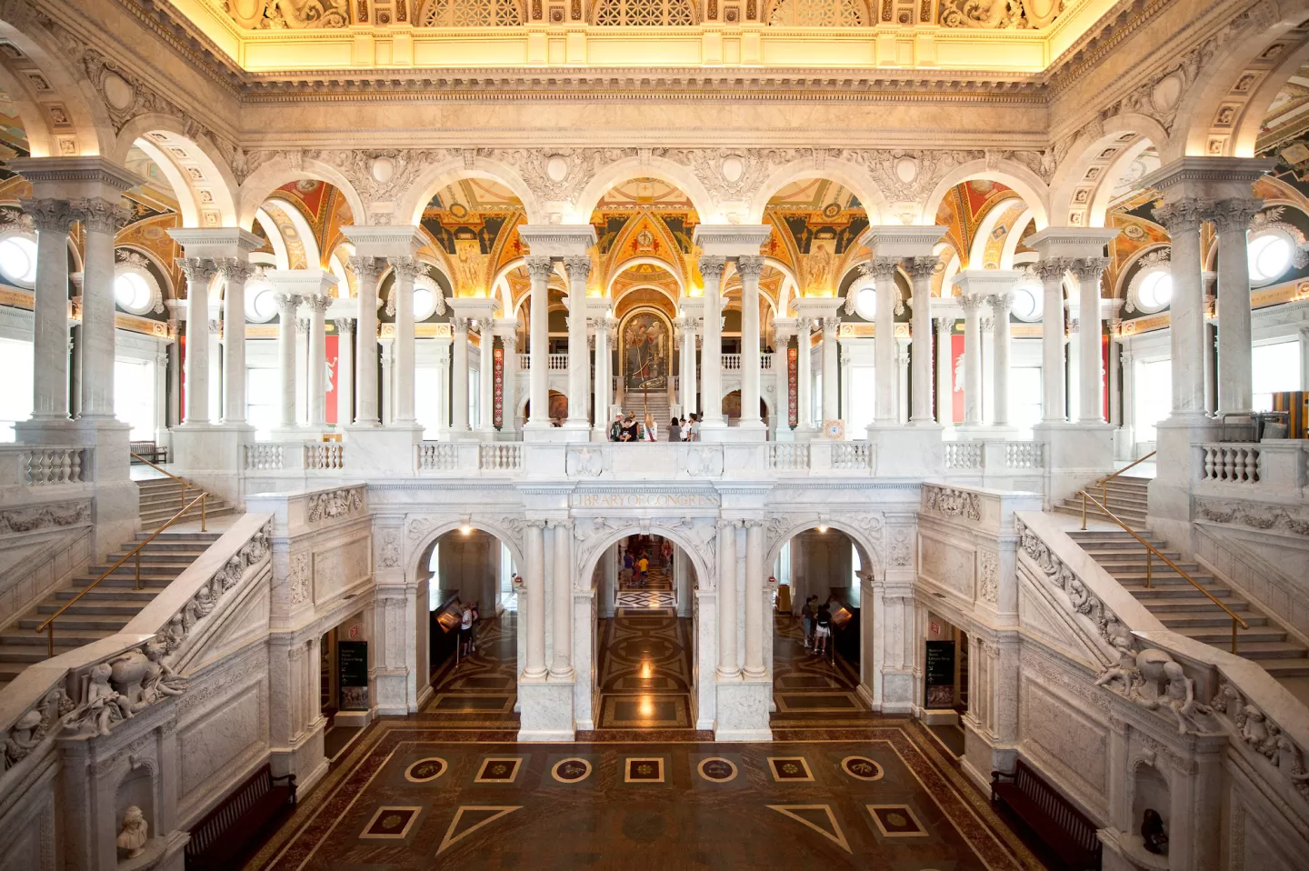 Library of Congress Thomas Jefferson Building Great Hall with ornate staircases and visitors