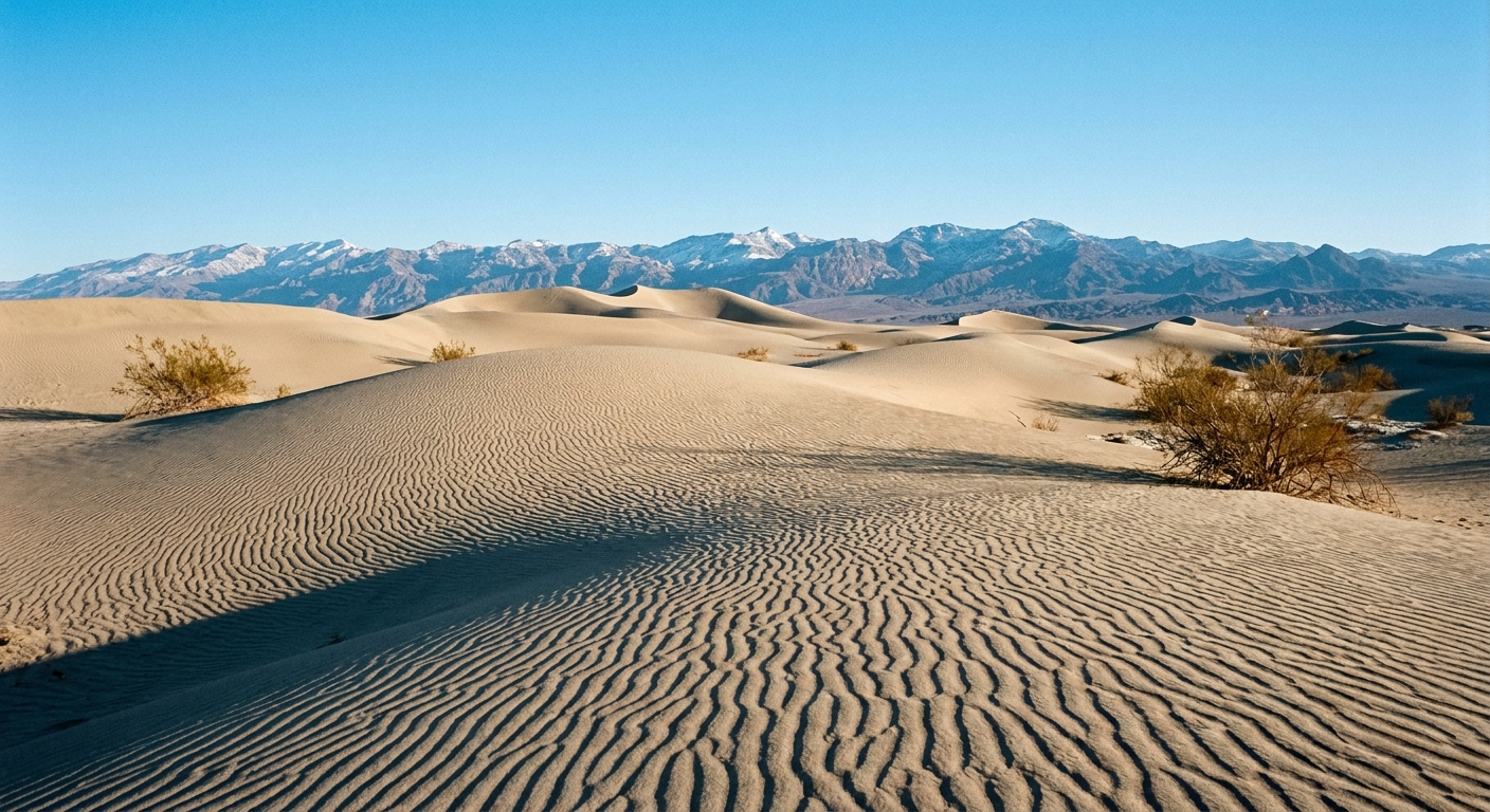 Mesquite Flat Sand Dunes in Death Valley in winter with rippled sand patterns and distant mountains under a clear sky