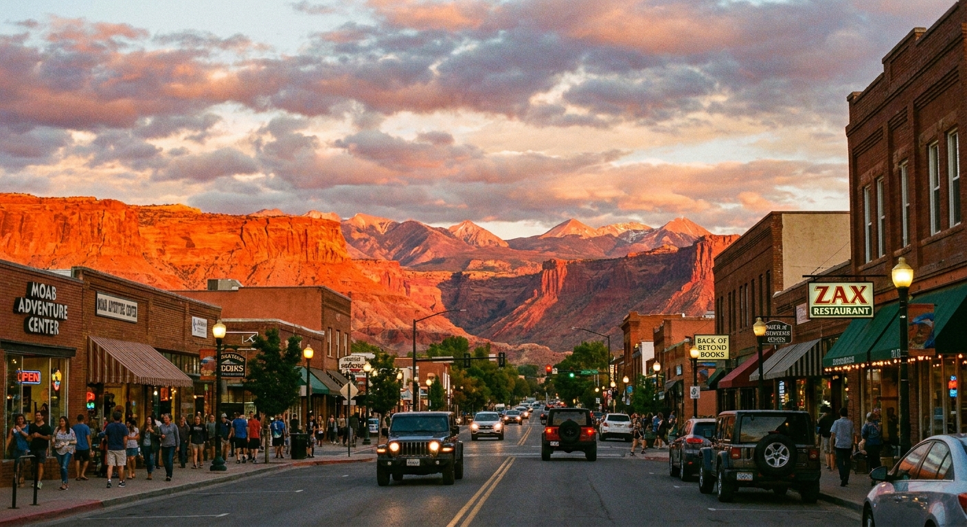 Moab Main Street at sunset with storefronts, pedestrians, and red cliffs glowing in the distance