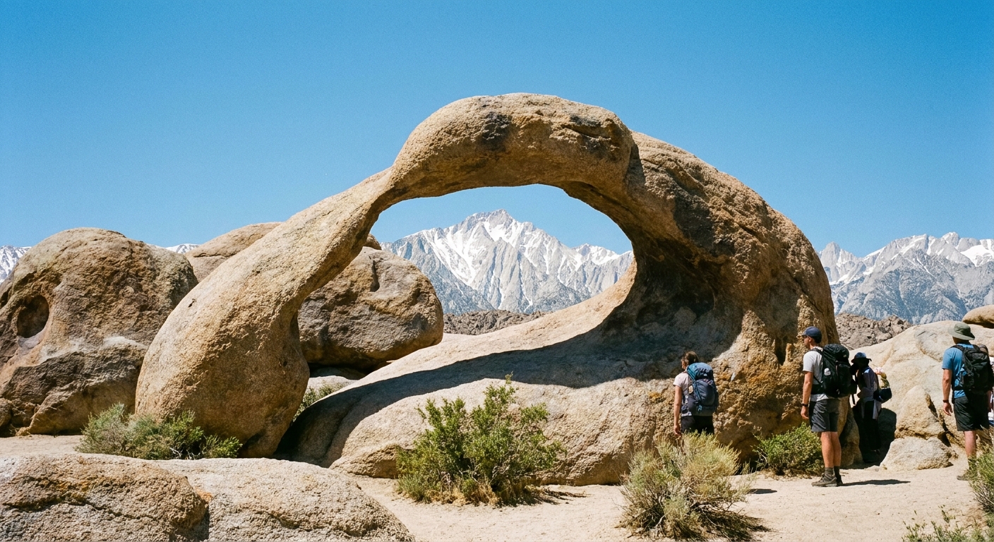 Mobius Arch in Alabama Hills framing the Whitney massif in the distance under a clear sky, realistic travel photo
