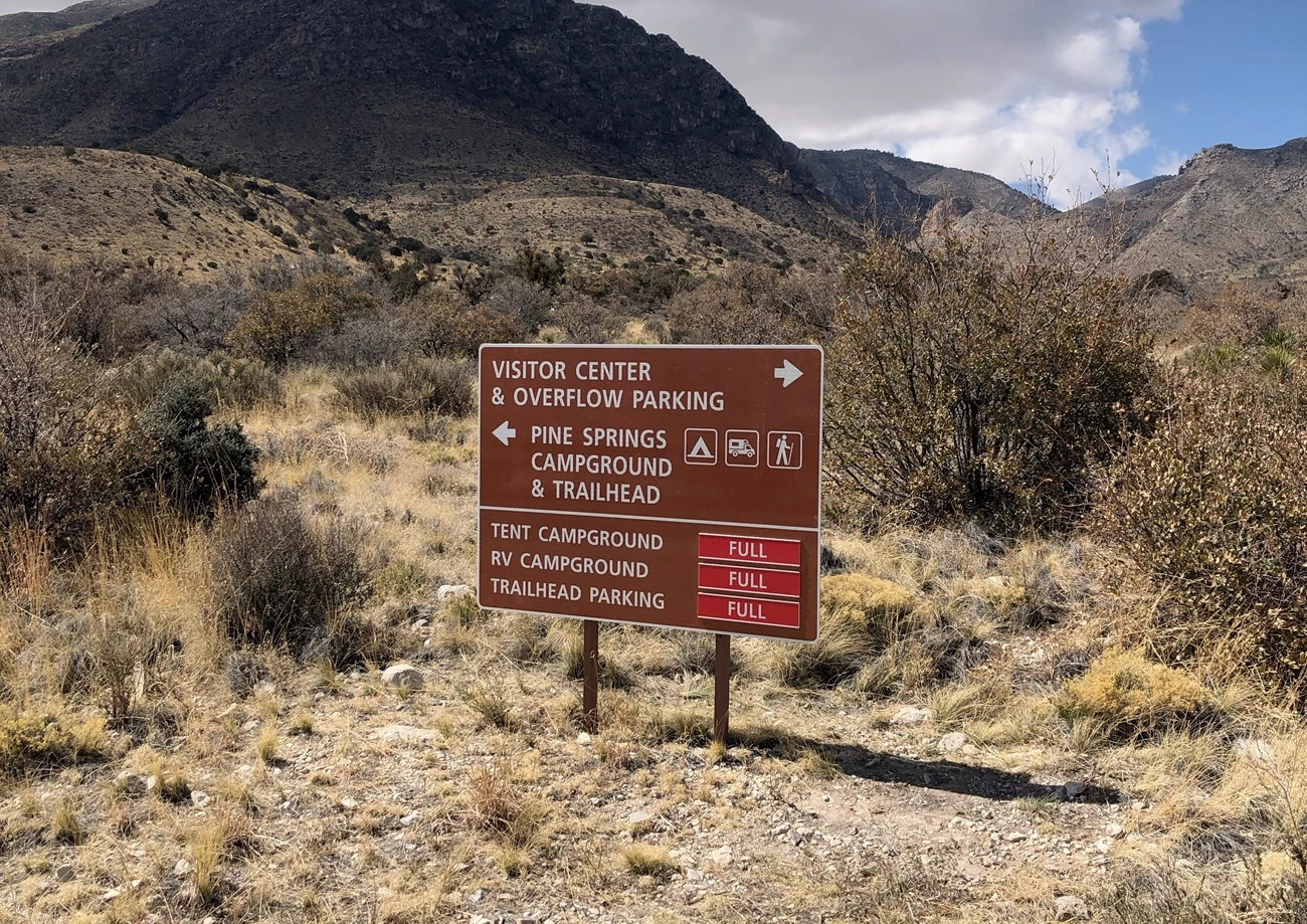 Morning scene at the Pine Springs area trailhead parking lot with hikers preparing backpacks beside desert shrubs and mountain foothills