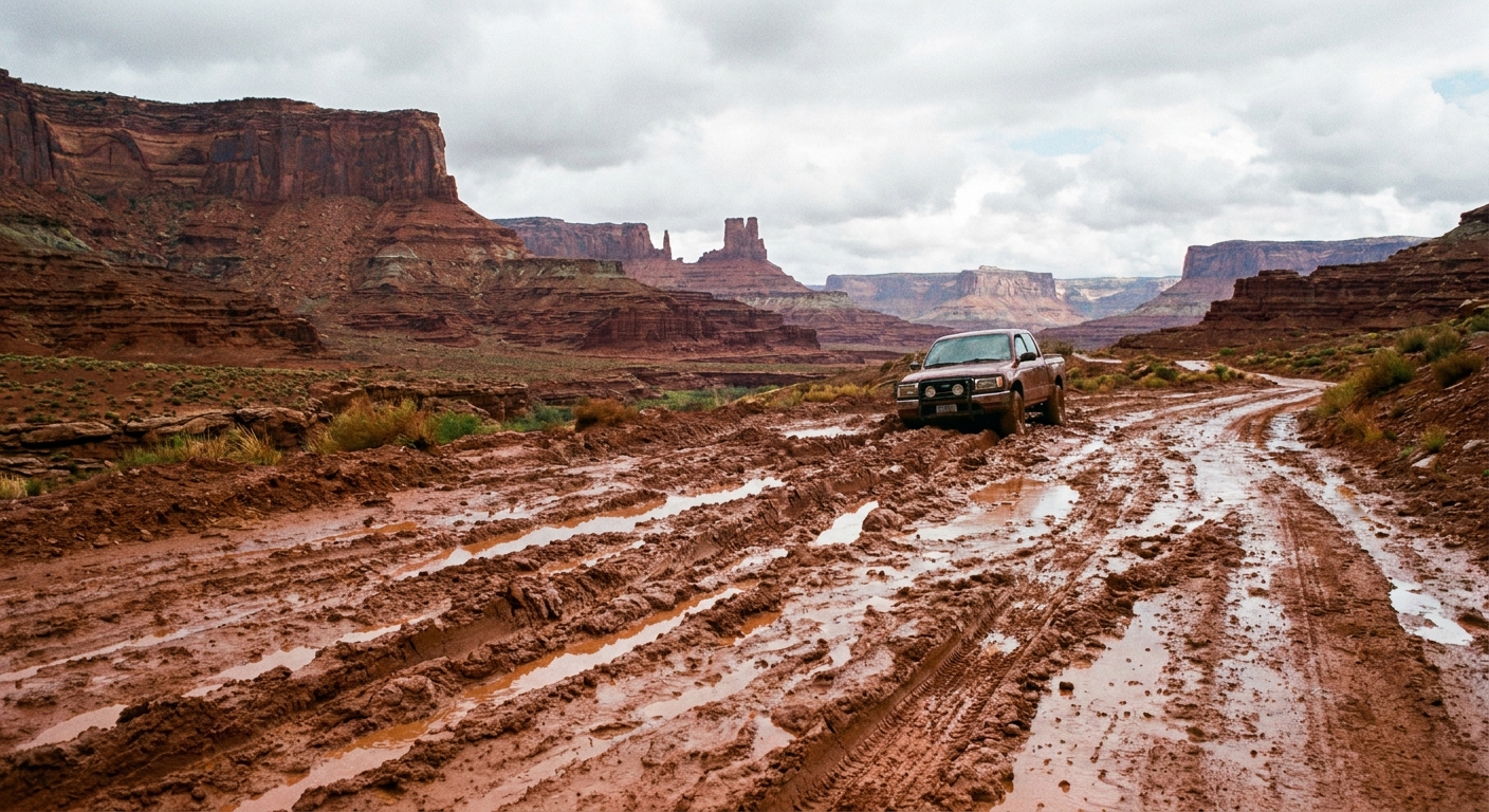 Mud and clay ruts on a southern Utah dirt road after rain, with red rock terrain in the background