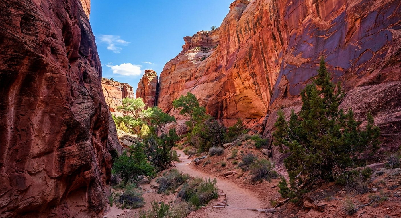Narrow red-rock canyon at Ghost Ranch in New Mexico, with a sandy trail between tall layered cliffs under a bright blue sky