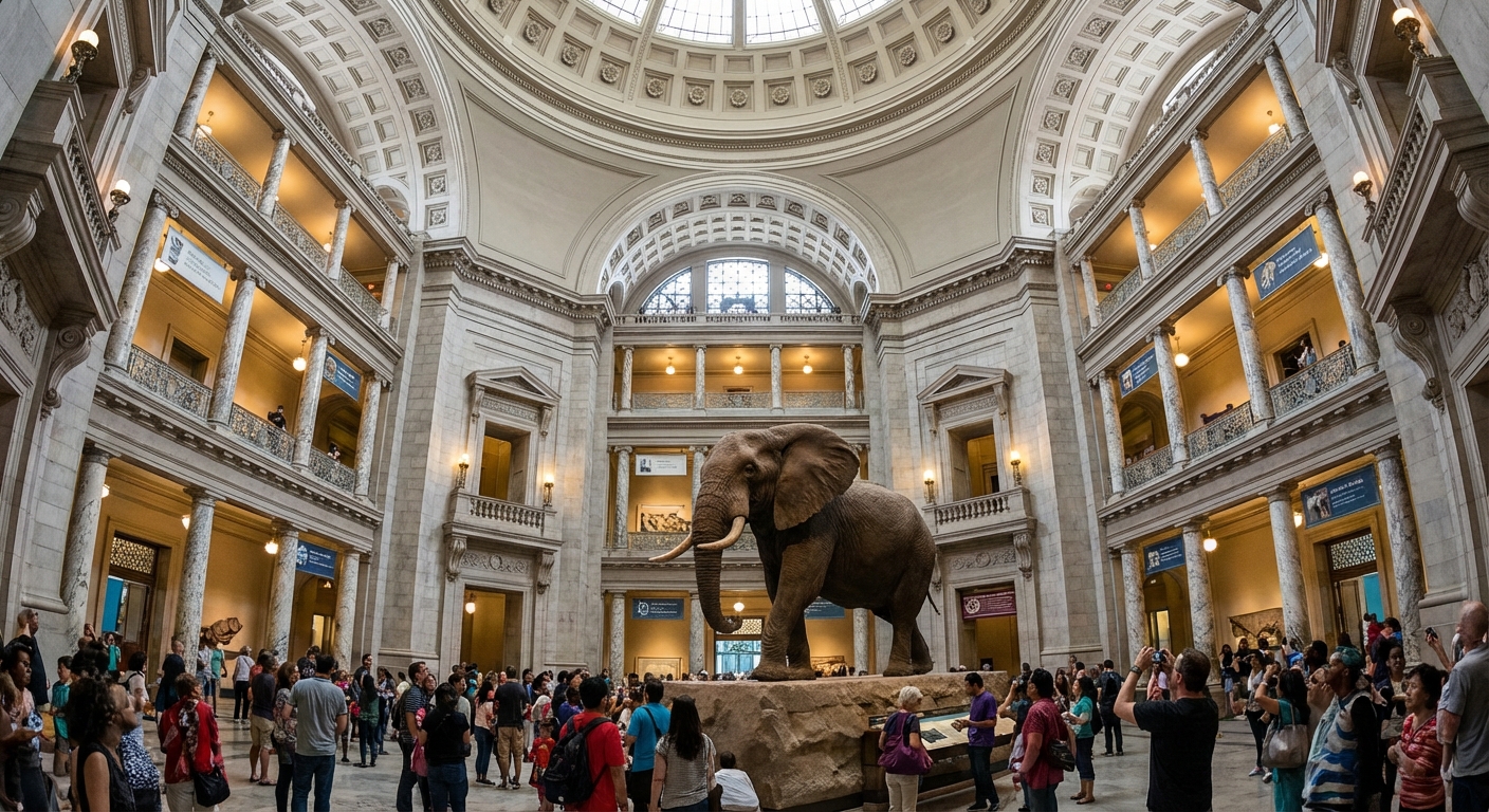 Natural History Museum rotunda with visitors and the elephant centerpiece