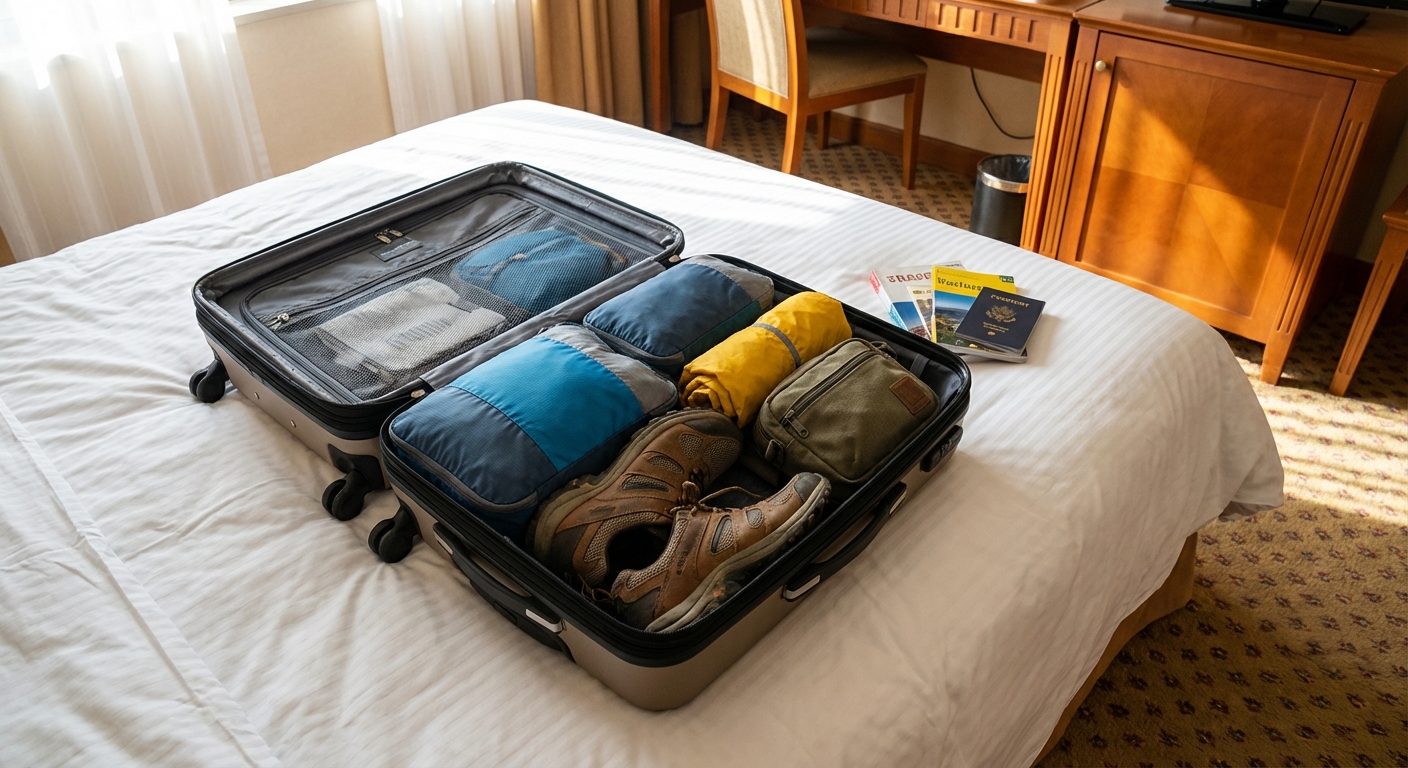 Open carry-on suitcase on a hotel bed with neatly organized packing cubes, a compact rain jacket, trail shoes, and a small sling bag, photorealistic travel photography