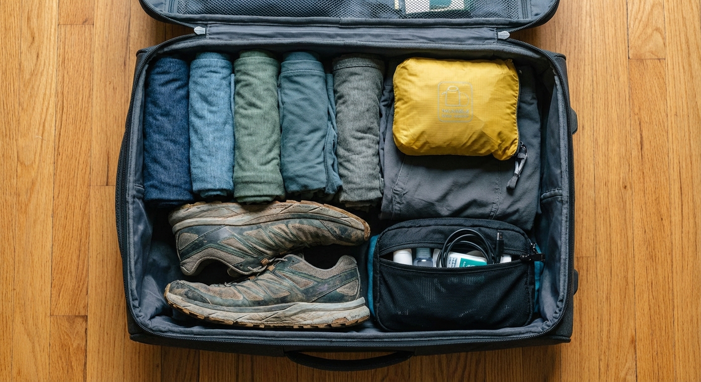 Open carry-on with rolled clothes, trail sneakers, a compact rain jacket, and a small accessories pouch