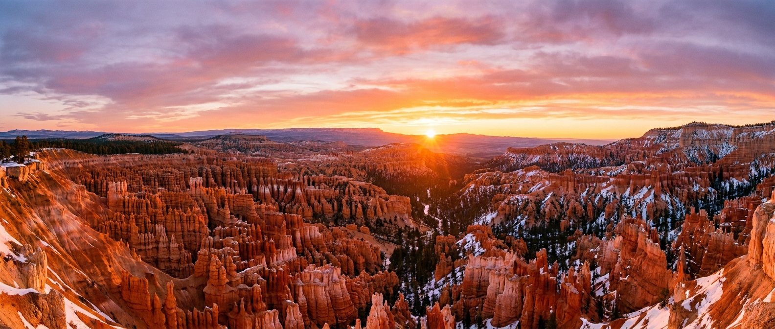 Panoramic sunrise view from Bryce Point with glowing orange hoodoos and long shadows across the amphitheater