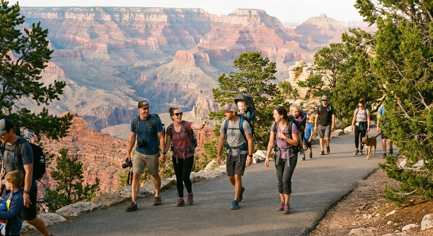 Parents and children walking along the paved Rim Trail at Grand Canyon South Rim with layered canyon views in the background, candid outdoor photo