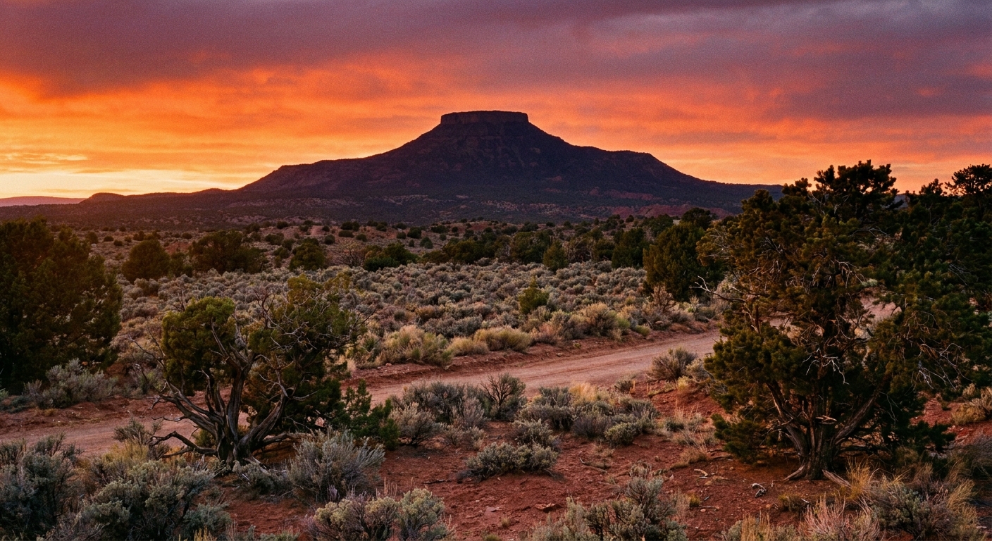 Pedernal mountain near Abiquiu, New Mexico, with a flat-topped silhouette on the horizon and sagebrush in the foreground